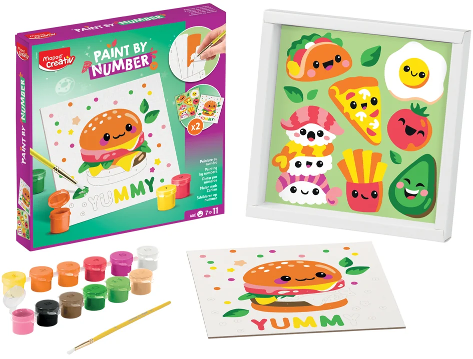 Maped CREATIV Peinture Au Numéro Kawai Food Salé - Kit Créatif Pour Enfants Dès 7 Ans, 2 Tableaux 20x20 Cm Avec Cadre